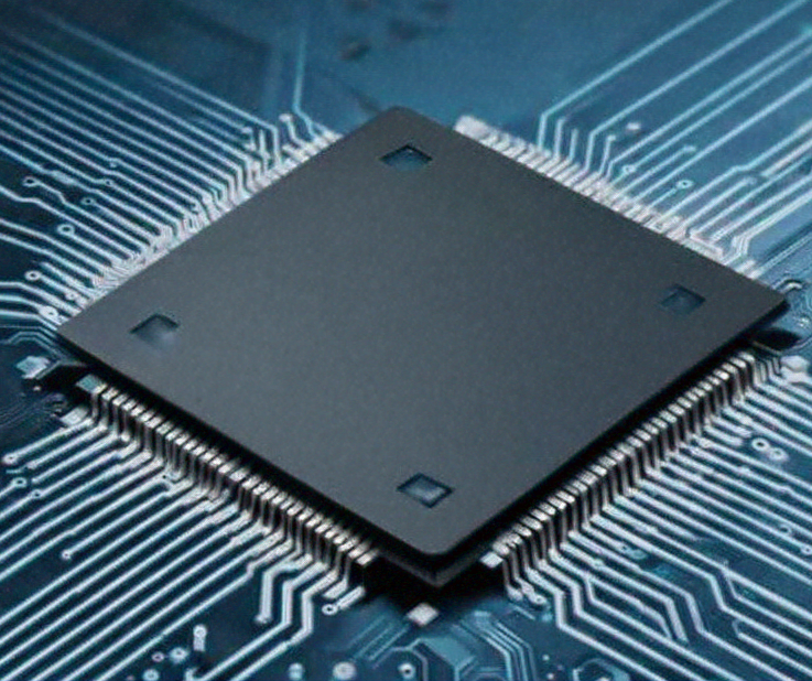 a black silicone chip with silver traces entering it from all four sides on top of a blue motherboard.