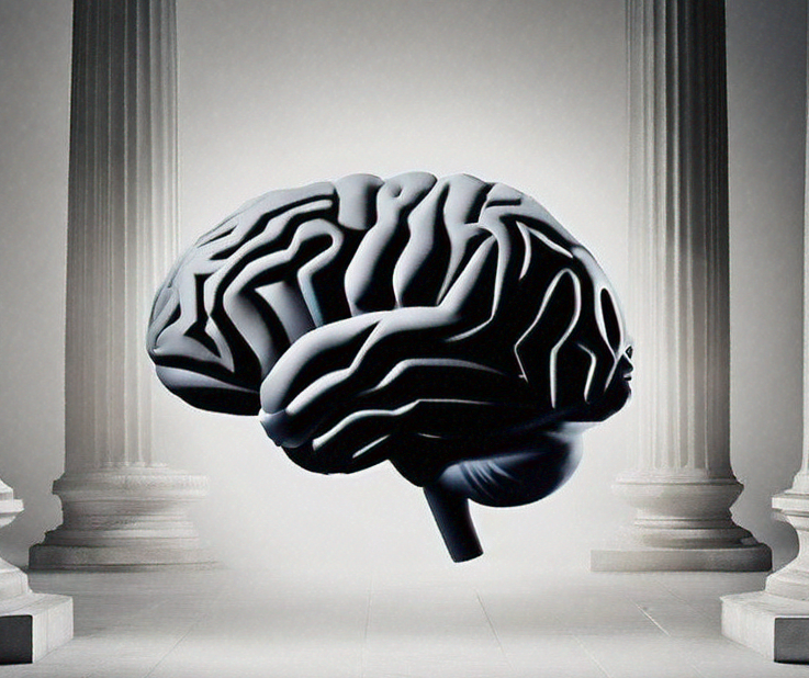 a brain surrounded by four pillars.